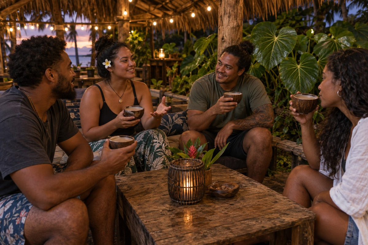 Friends sharing shells of kava at an open-air kava bar in the evening