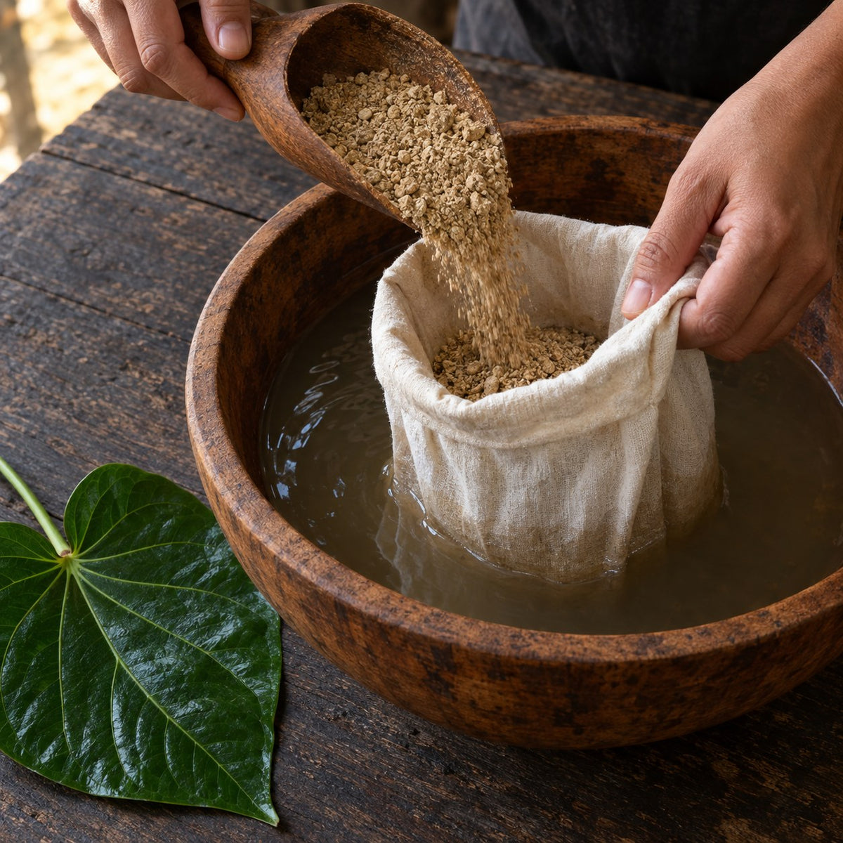 Ground kava root being poured into a cotton strainer bag in a bowl of water