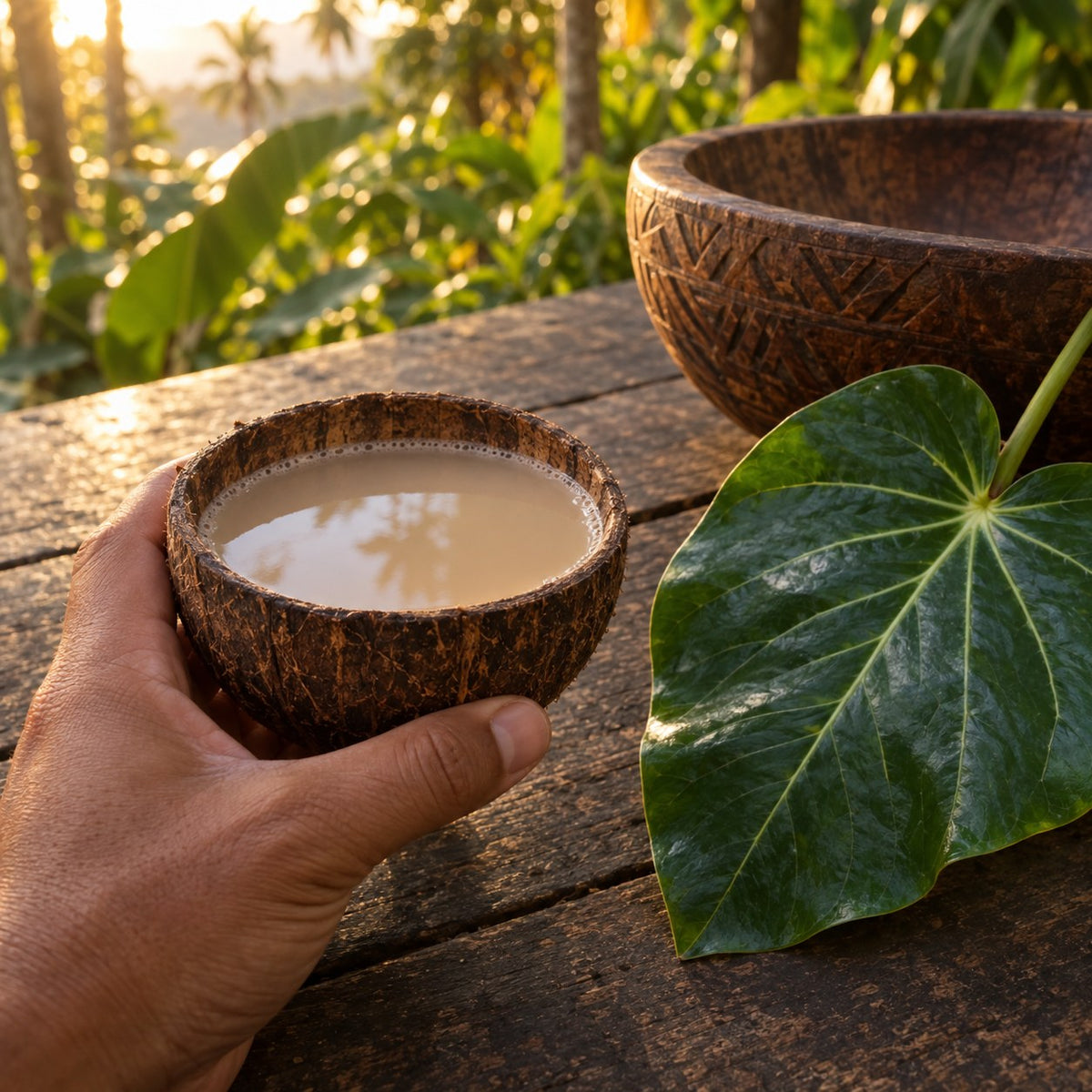 Coconut shell cup of freshly strained kava held above a wooden table